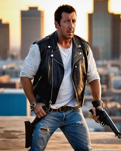 Adam Sandler, action hero, muscular physique, messy brown hair, bright blue eyes, rugged facial features, worn leather jacket, white tank top, ripped jeans, black boots, holding a gun, intense express