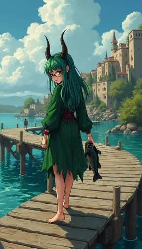 Draw in anime style: a long curved wooden dock that curves into the distance with a byzantine city in the background. the people in the background are wearing Byzantine clothing. A nerdy, glasses-wear