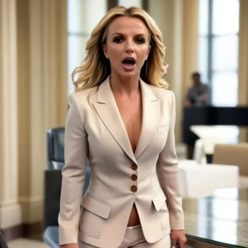 Britney Spears, secretary, dama de honra, securo bank. administração,  Planejamento & Marketing, setor empresarial,the woman is making a surprised face while in a room,pantsuit,chenoweth,minogue,shant