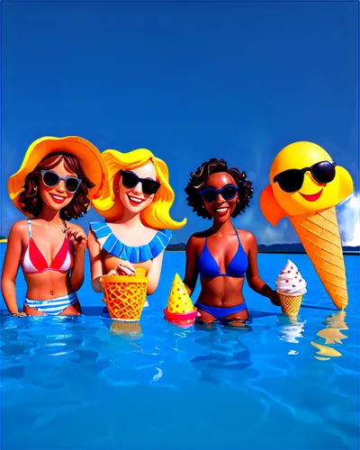 Summer vibes, swimming pool, party atmosphere, group of friends, laughing, smiling, sun-kissed skin, wet hair, swimsuits, sunglasses, floaties, inflatable pool toys, colorful beach balls, refreshing c