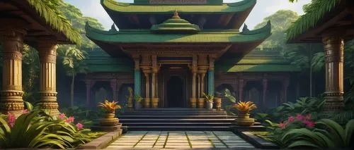 Mandapa architecture, Indian temple style, intricate carvings, ornate sculptures, grand entrance, towering pillars, vibrant colors, golden accents, detailed textures, tropical environment, lush greene