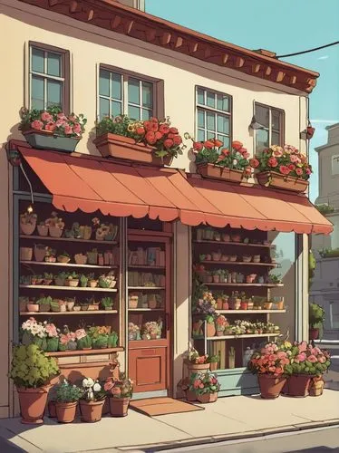 flower shop,bakery,flower stand,pastry shop,grocery,greengrocer,flower booth,flower boxes,boulangerie,greenmarket,watercolor tea shop,florist,grocers,grocer,watercolor shops,geraniums,homegrocer,village shop,fruit stand,grocery store,Illustration,Children,Children 04