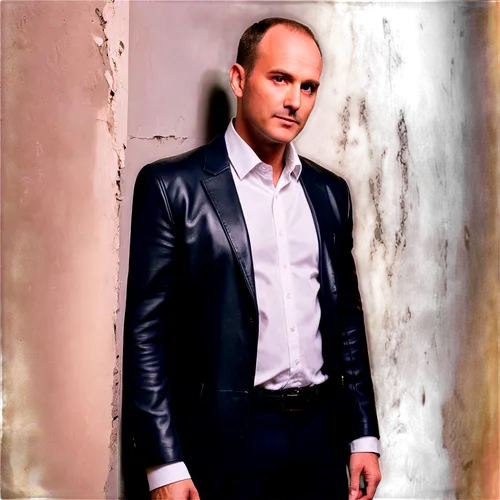 Dark background, mysterious atmosphere, criminal profile, middle-aged man, balding hair, sharp facial features, cold calculating eyes, black leather jacket, white shirt, black tie, hands in pockets, l