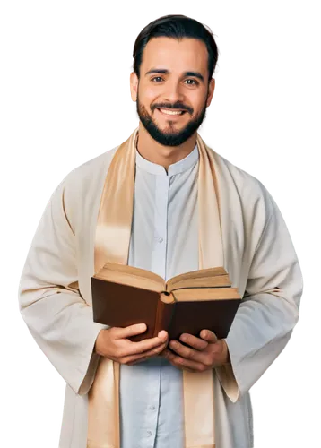 Christian priest, white robe, golden cross, gentle smile, wise eyes, beard, Holy Bible, praying hands, calm atmosphere, soft lighting, shallow depth of field, warm color tone, 3/4 composition.,a man i