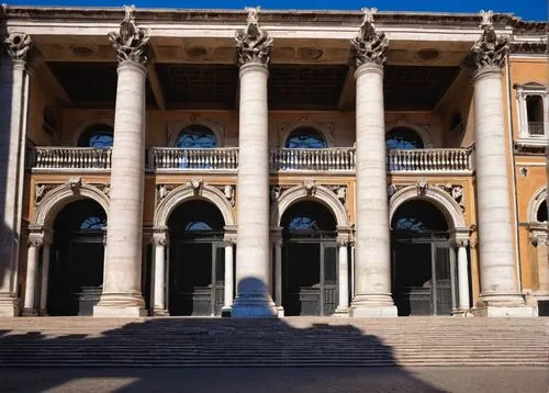 Mussolini style building, grandiose, authoritarian, fascist, ornate details, white marble, columns, arches, symmetrical composition, imposing scale, Rome, Italy, bright sunny day, clear blue sky, foun