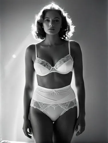 Black and white image of a flabby underwear model with a rather ample bust, created with a great depth of field.,a woman wearing a  and panties poses for a camera,marylyn monroe - female,ingrid bergma