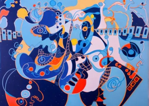 hoofden
,this painting is brightly painted in shades of blue, red, and orange,bibbins,breunig,blue painting,motifs of blue stars,kandinsky,dufy,Art,Artistic Painting,Artistic Painting 46