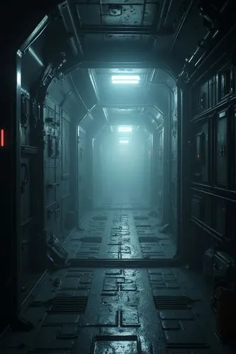 gloomy hexagonal narrow corridor of a space station, on the sides there are cables and hoses, metal panles and grids, the floor has vents through which vapors come out, the scene instills fear and sus