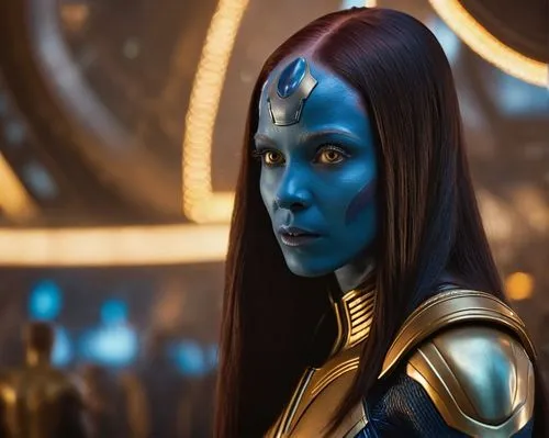 A young (((20 years old))) Karen Gillan as Nebula (((She has dark long straight hair, blue skin color and golden eyes))), in an alternate Marvel Universe. This takes place in the nineties and the back