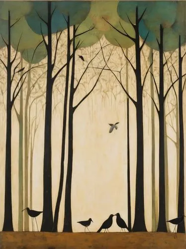 rousseau,forest animals,mccahon,shrikes,forest landscape,woodland animals,Art,Artistic Painting,Artistic Painting 47