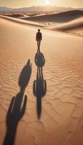 Desert landscape, camel toe shoes, dusty terrain, worn-out sole, subtle cracks on leather, laces undone, casual walking pose, behind view, relaxed atmosphere, warm sunlight casting long shadows, endle