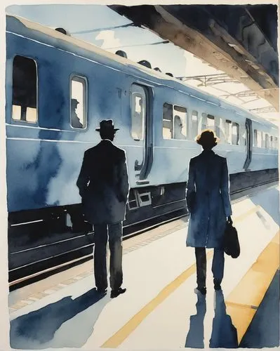 A small, centrally placed watercolor illustration of two silhouettes on a train platform. One figure is boarding a train, while the other stands on the platform with an outstretched hand. Use muted, m