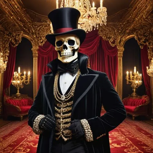 Skeleton, pimp, flashy, golden teeth, top hat, luxury coat, fur collar, cane, diamond rings, bold eyebrows, sinister smile, velvet cloak, lavish background, ornate mirror, crimson carpet, grand chande