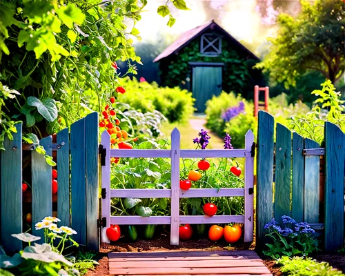 garden fence,white picket fence,vegetables landscape,vegetable garden,garden door,wooden fence,cottage garden,fence gate,garden bench,farm gate,garden decoration,climbing garden,summer border,fence,seasonal autumn decoration,kitchen garden,garden decor,garten,allotments,arbour,Illustration,Abstract Fantasy,Abstract Fantasy 13