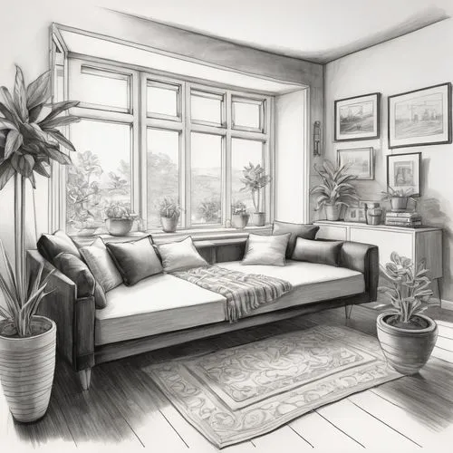 livingroom,home interior,habitacion,living room,sunroom,sitting room,Illustration,Black and White,Black and White 30