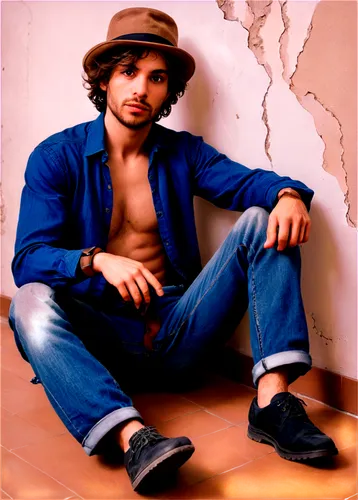 Crazy man, messy hair, wild eyes, torn clothes, ripped pants, bare feet, sitting on floor, leaning against wall, dimly lit room, worn-out shoes, old hat, holding a broken clock, morning sunlight peeki