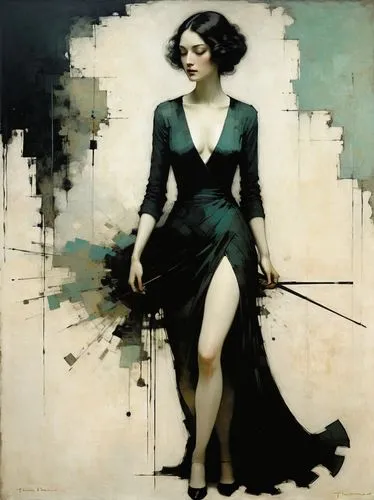 abstract black and ash color splashed Geometric women art ,the woman is wearing a long dress,domergue,art deco woman,transistor,viveros,musidora,zatara,Art,Classical Oil Painting,Classical Oil Paintin