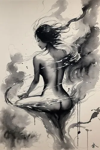 ink painting,smoke dancer,charcoal drawing,fluidity,volou,dance with canvases,sirene,dussel,fire dancer,japanese art,lotus position,chalk drawing,sumi,jianfeng,tusche indian ink,woman playing,jeanneney,meditate,equilibrio,hoshihananomia,Illustration,Paper based,Paper Based 30