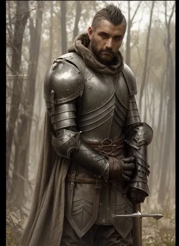 a knight in dark grey armor, rough cloak, in a gritty landscape, dark mohawk hair,dwarf sundheim,king arthur,knight armor,male elf,heroic fantasy,male character,roman soldier,heavy armour,fantasy warr