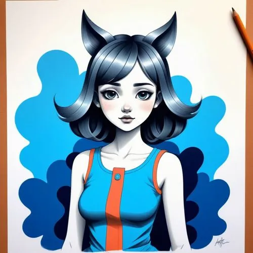 marinette,kitsune,riska,krita,blue painting,sumi