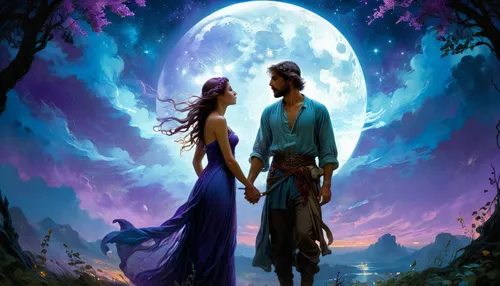 fantasy picture,the moon and the stars,romance novel,mystery book cover,a fairy tale,moon and star,rosa ' amber cover,fairy tale,purple moon,sci fiction illustration,fantasy art,heroic fantasy,romantic scene,shepherd romance,book cover,fairytales,moonlight,moon and star background,the night of kupala,sun and moon,Conceptual Art,Fantasy,Fantasy 05