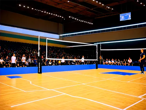 Indoor volleyball court, wooden floor, bright lights, athletic atmosphere, high ceiling, spectator seats, score board, net in center, players in action, jumping, spiking, blocking, sweating, sporty cl