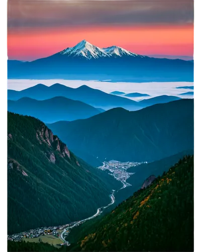 Vibrant sunrise, sky ablaze with colors, orange hues, soft pink clouds, few wispy strands, majestic mountain range, snow-capped peaks, misty valleys, warm golden light, dramatic shadows, panoramic vie