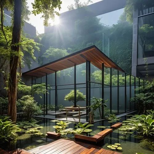 a building in the middle of a garden,japanese zen garden,japan garden,zen garden,japanese garden,asian architecture,koi pond,Photography,General,Realistic