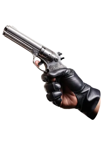 Hand holding gun, pointing downwards, male hand, strong fingers, black leather gloves, silver pistol, detailed textures, metallic sheen, low-angle shot, dramatic lighting, dark background, intense atm