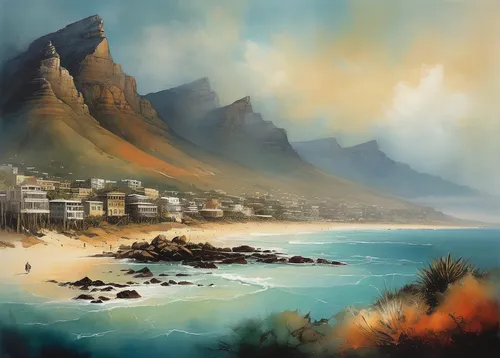 cape dutch,coastal landscape,table mountain,world digital painting,twelve apostles,capetown,the twelve apostles,cape town,table bay,beach landscape,south africa,fishing village,muizenberg,sea landscape,bettys bay,mountain beach,seascape,seaside view,coastal region,seaside resort,Illustration,Realistic Fantasy,Realistic Fantasy 16