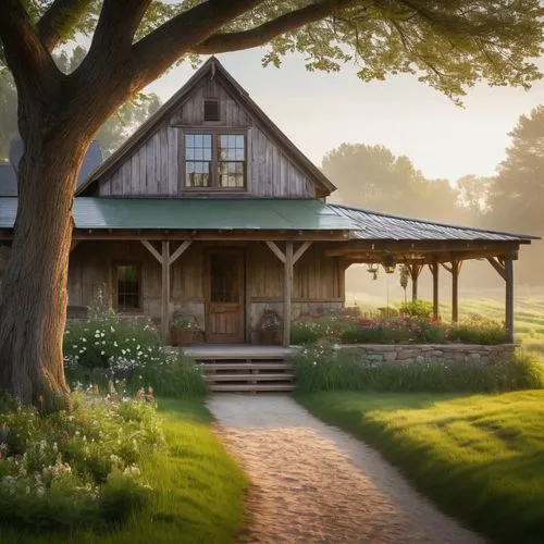 Rustic pole barn house, rural landscape, countryside setting, wooden exterior, metal roof, stone foundation, vines crawling up walls, large windows, sliding glass doors, cozy porch with swing, lantern