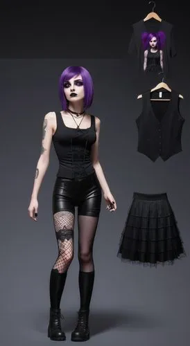 Paper doll 2d cartoon goth purple haired girl in black sleeveless shirt , black spandex shorts, complete full length fishnet and black goth knee Boots, standing surrounded by with a set of goth fashio