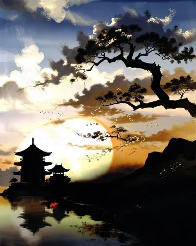 a drawing of two people in a lake surrounded by giant objects,dusk background,world digital painting,house silhouette,kyoto,okami,the japanese tree,Illustration,Paper based,Paper Based 30