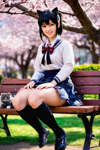 Nobara Kugisaki, anime girl, solo, (17yo), beautiful detailed eyes, light blush, short black hair, ribbon tied ponytail, school uniform, white blouse, plaid skirt, knee-high socks, black Mary Jane sho