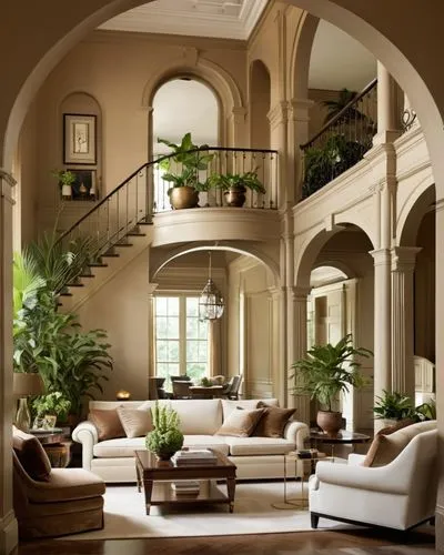 Art Nouveau Interior Design, Living room,a living room with two couches and stairs in it,luxury home interior,cochere,living room,beautiful home,brownstone,interior decor,Photography,General,Realistic