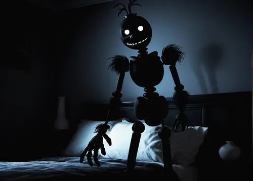 a dark room,3d render,endoskeleton,frankenweenie,puppet,in the shadows,nightmare,room lighting,halloween poster,string puppet,creepy,penumbra,sleeping room,kids room,bogeyman,bedside lamp,the little girl's room,children's bedroom,nightlight,puppets,Illustration,Black and White,Black and White 21