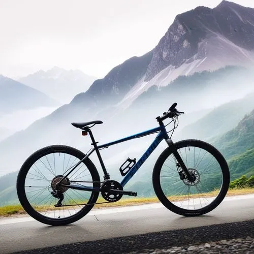 a blue and black bicycle on a mountain road,mountain bike,mountainbike,solotrek,road bike,mountain biking,galibier