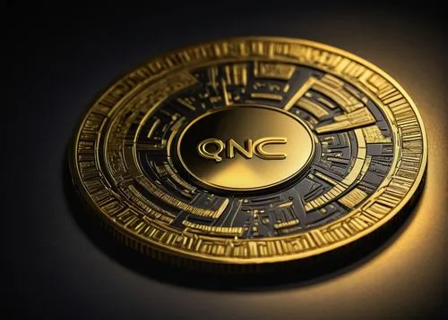 Shiny qncoin, gold color, intricate design, detailed texture, metallic material, round shape, coin edge, embossed logo, reflective surface, spotlight, dark background, high contrast, dramatic lighting