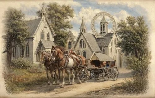 church painting,pilgrims,horse-drawn carriage,covered wagon,village scene,horse and buggy,horse-drawn vehicle,horse-drawn,old wagon train,horse and cart,horse drawn carriage,straw carts,horse carriage,stagecoach,horse drawn,handcart,straw cart,carriage,church faith,rural landscape,Game Scene Design,Game Scene Design,Medieval