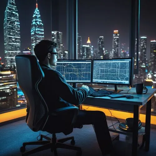 Modern programming architecture, futuristic cityscape, skyscraper, neon lights, coding screens, multiple monitors, ergonomic chair, messy desk, papers scattered, coffee cups, programmer, young adult, 