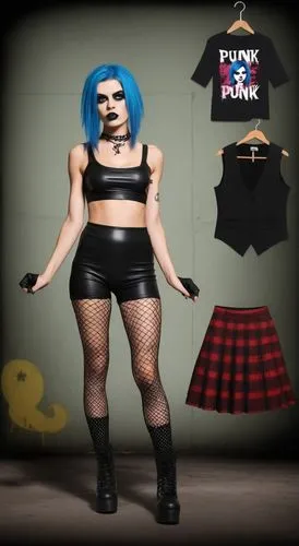 Paper doll 2d cartoon punk blue haired girl in black sleeveless shirt , black spandex shorts, complete full length fishnet and black punk knee Boots, standing surrounded by with a set of punk fashion 