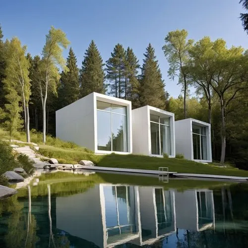 Diseño de 3 cabañas, estilo mínimalista a base de cubos recubiertos de lámina de acero con un ventanal panorámico qué mira  un lago, agua azul, reflejos, sombras, corrección de herrores, proporción, f