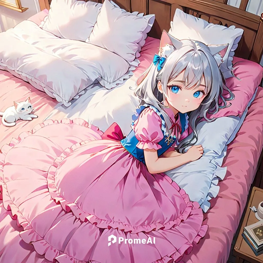 ピンクのロングワンピースを着てベッドで横たわる銀髪碧眼の長い髪の猫娘,piko,aqua,blue pillow,playmat,bed,miku,hatsune miku,futon,cyan,flower blanket,kotobukiya,sleeping rose,white heart,pajamas,cocoa,lying down,kawaii,baby bed,pillow,pr