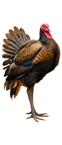 Brown turkey, transparent background, solo, realistic feathers, vibrant colors, bright eyes, small beak, plump chest, strong legs, standing posture, front view, warm lighting, soft focus, shallow dept