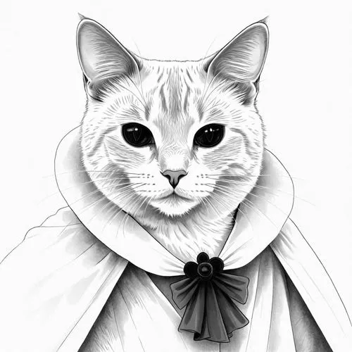 a cat wearing a cloak and collar is shown,drawing cat,cat line art,cat vector,white cat,cat portrait,noblewoman,Design Sketch,Design Sketch,Detailed Outline