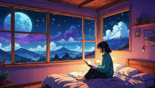 dream world,dreaming,night sky,nightsky,bedroom window,dreams,the night sky,starry sky,dream,dreamland,stargazing,sleeping room,dreamy,daydream,romantic night,starlight,dreams catcher,falling stars,window to the world,blue room,Illustration,Japanese style,Japanese Style 05