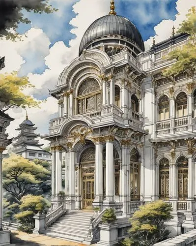 asian architecture,marble palace,dolmabahce,victoriana,stone palace,persian architecture,neoclassical,driehaus,palaces,grand master's palace,soane,europe palace,miramare,palladianism,kykuit,victorian,italianate,celsus library,western architecture,water palace,Illustration,Paper based,Paper Based 30