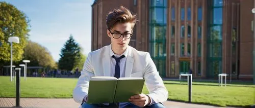 Young adult, male, student, 1-year master's degree, architecture, UK, casual wear, jeans, white shirt, blazer, glasses, messy brown hair, book bag, laptop, pencil case, sitting, studying, university c