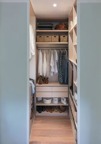 
dressing room with white shelves and neatly laid out and hung clothes, stylish, beautiful, neat, cozy, illuminated shelves.,an organized walk in closet with shelves and open cupboards,walk-in closet,