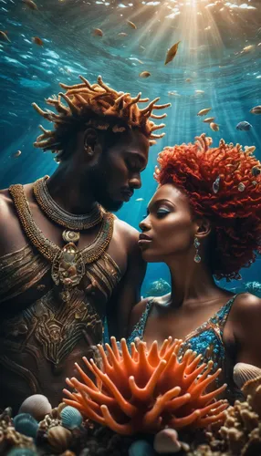 underwater background,black couple,the people in the sea,aquaman,under the sea,ocean underwater,under the water,ocean floor,red sea,submerged,fruits of the sea,coral reef,underwater world,merfolk,under sea,underwater,photomanipulation,sea god,under water,god of the sea,Photography,General,Fantasy